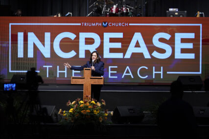 Democratic vice presidential candidate Sen. Kamala Harris, D-Calif., speaks at Triumph Church, Sunday, Oct. 25, 2020, in Southfield, Mich. (AP Photo/Carlos Osorio)