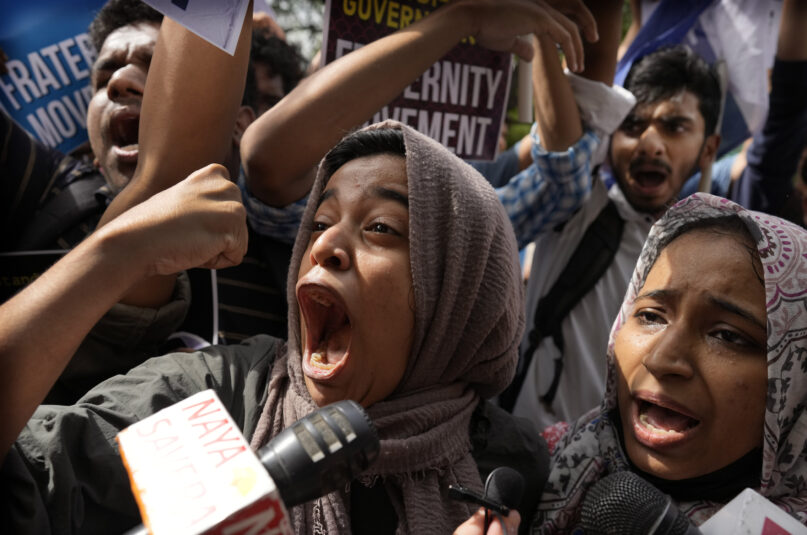 Muslim students shout anti-government slogans during a protest outside Uttar Pradesh house, in New Delhi, June 13, 2022. The students were protesting against persecution of Muslims and recent demolition of their houses after protests against former Bharatiya Janata Party spokesperson Nupur Sharma’s remark deemed derogatory to Islam’s Prophet Muhammad. (AP Photo/Manish Swarup)