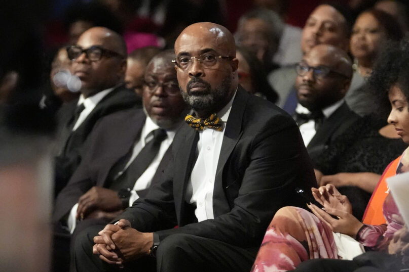 FILE - The Rev. Frederick D. Haynes III sits before speaking, Feb. 1, 2024, in Dallas. The Dallas pastor who took over leadership of the Rev. Jesse Jackson’s longtime civil rights organization resigned Tuesday, April 16, after less than three months on the job.  (AP Photo/LM Otero, File)