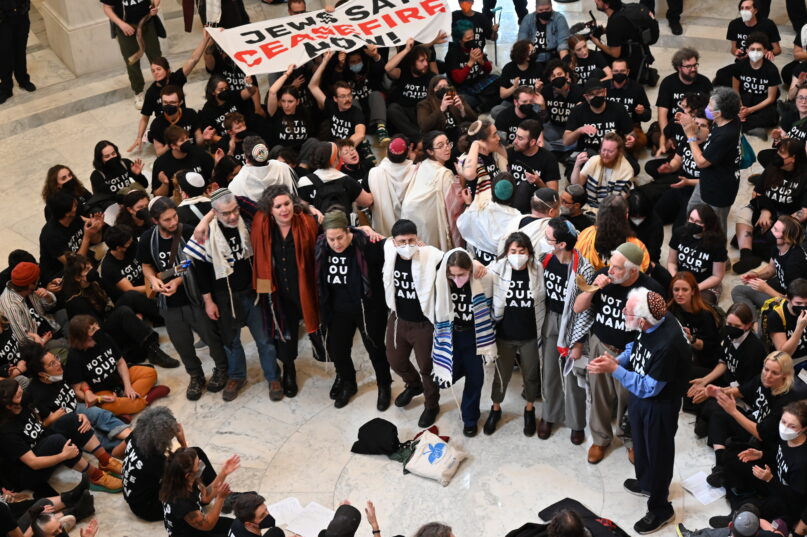 Hundreds of demonstrators calling for a ceasefire in Gaza gathered in U.S. Capitol's CAnnon Buildling rotunda on Wed Oct. 18, 2023. The group was primarily organized by Jewish Voice for Peace. RNS photo by Jack Jenkins