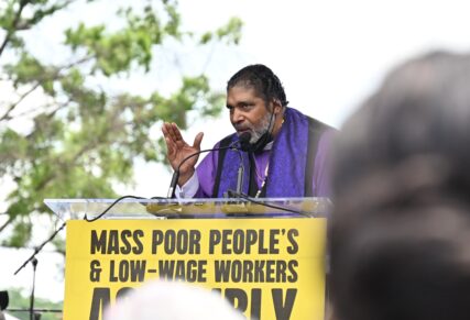 The Rev. William Barber addresses a crowd at a demonstration organized by the Poor People's Campaign outside the U.S. Capitol on June 29, 2024. (RNS photo/Jack Jenkins)