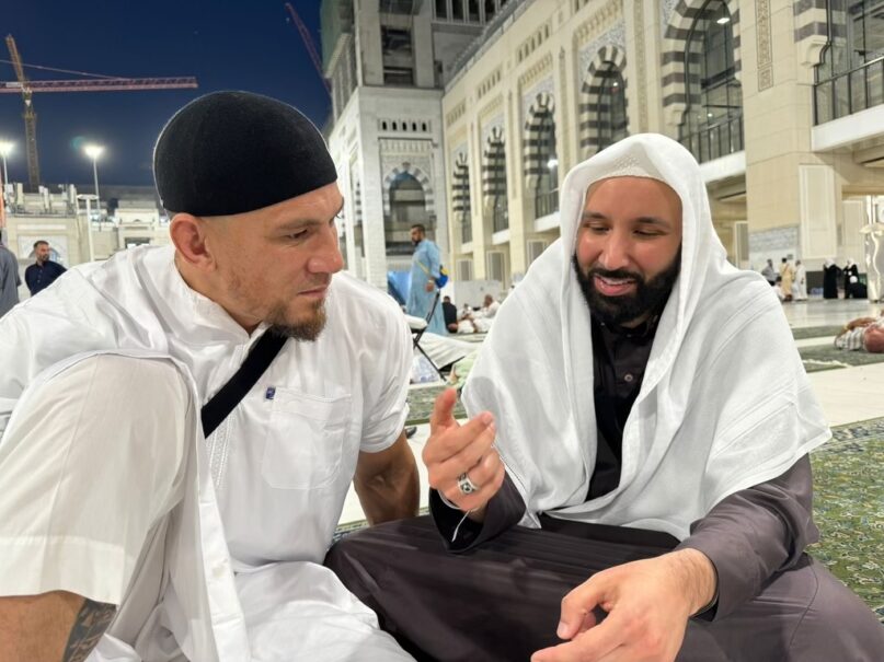 The author, right, in Mecca with rugby star Sonny B. Williams. (Photo courtesy of Omar Suleiman)