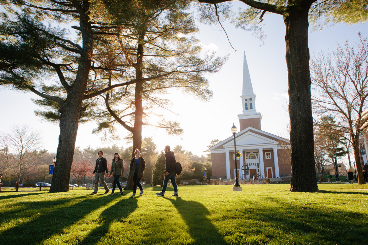 Students walk through campus at Gordon College during the Spring on 2016. Photo by Mark Spooner, courtesy of Gordon College