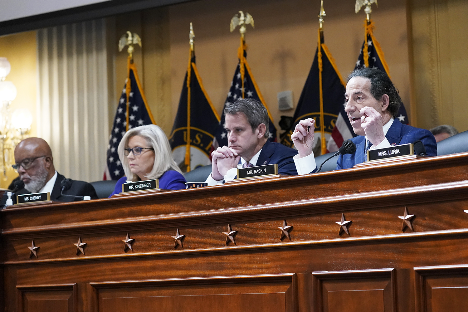 Rep. Jamie Raskin, D-Md., speaks as the House select committee investigating the Jan. 6 attack on the U.S. Capitol holds its final meeting on Capitol Hill in Washington, Monday, Dec. 19, 2022. From left are Chairman Bennie Thompson, D-Miss., Vice Chair Liz Cheney, R-Wyo., Rep. Adam Kinzinger, R-Ill., Raskin. (AP Photo/J. Scott Applewhite)