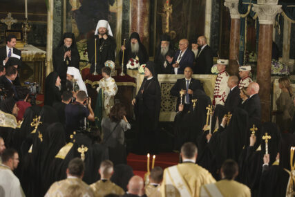 Istanbul-based Ecumenical Patriarch Bartholomew I, the spiritual leader of the world's Orthodox Christians, greets the newly elected Bulgarian Patriarch Daniil after his enthronement ceremony at Alexander Nevsky Cathedral in Sofia, Bulgaria, Sunday, June 30, 2024. Bulgaria's Orthodox Church on Sunday elected Daniil, a 52-year-old metropolitan considered to be pro-Russian, as its new leader in a disputed vote that reflects the divisions in the church and in the society. (AP Photo/Valentina Petrova)