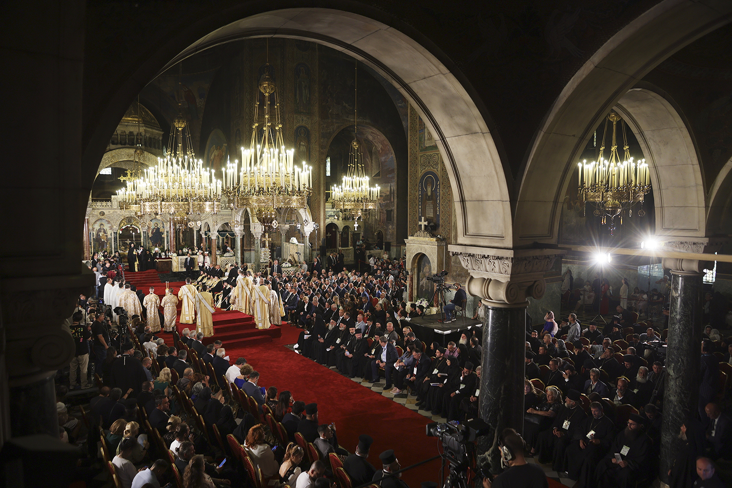 General view of the enthronement ceremony of the newly elected Bulgarian Patriarch Daniil at Alexander Nevsky Cathedral in Sofia, Bulgaria, Sunday, June 30, 2024. Bulgaria's Orthodox Church on Sunday elected Daniil, a 52-year-old metropolitan considered to be pro-Russian, as its new leader in a disputed vote that reflects the divisions in the church and in the society. (AP Photo/Valentina Petrova)