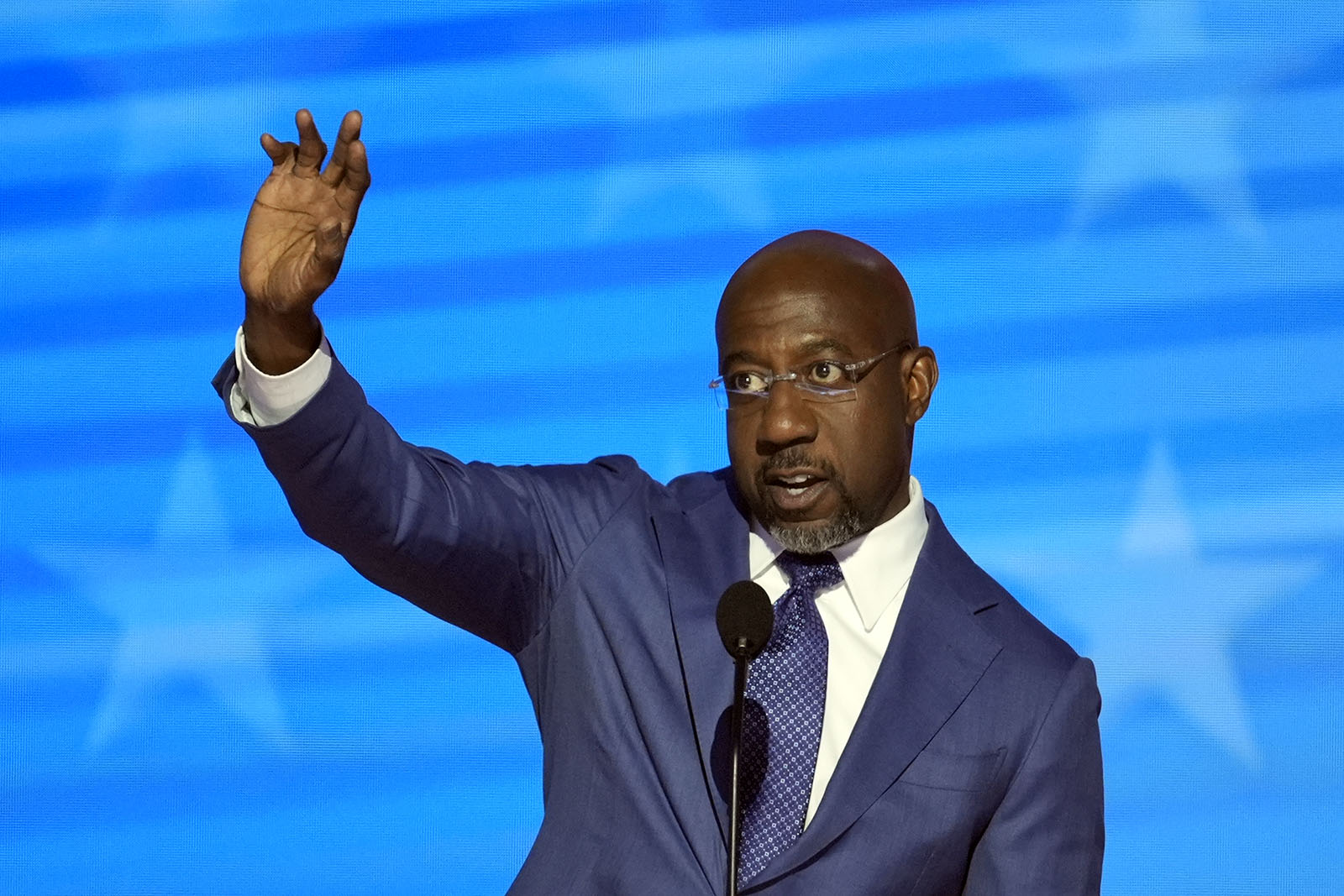 Sen. Raphael G. Warnock, D-Ga., addresses the Democratic National Convention on Monday, Aug. 19, 2024, in Chicago. (AP Photo/J. Scott Applewhite)