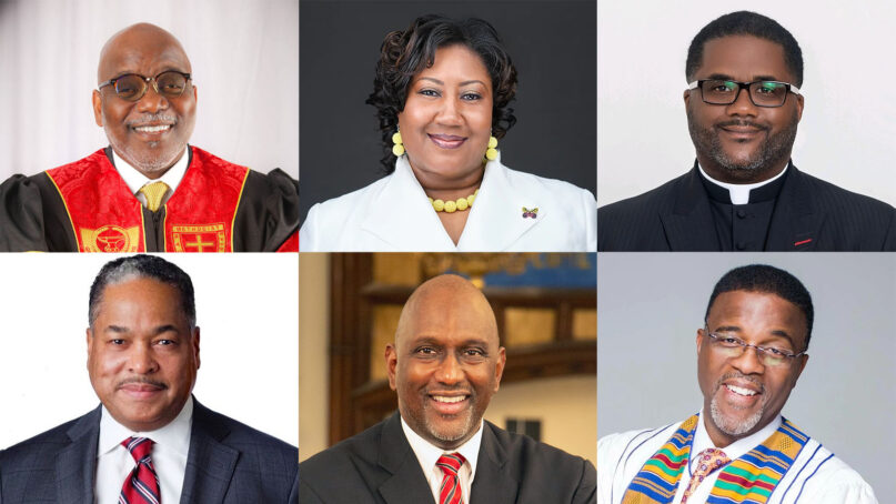 Newly elected bishops of the African Methodist Episcopal church include, clockwise from top left, the Revs. Jeffery B. Cooper Sr., Erika D. Crawford, Julius H. McAllister Jr., Gregory Vaughn Eason, Henry Allen Belin III, and Vernon R. Byrd. (Courtesy photos)