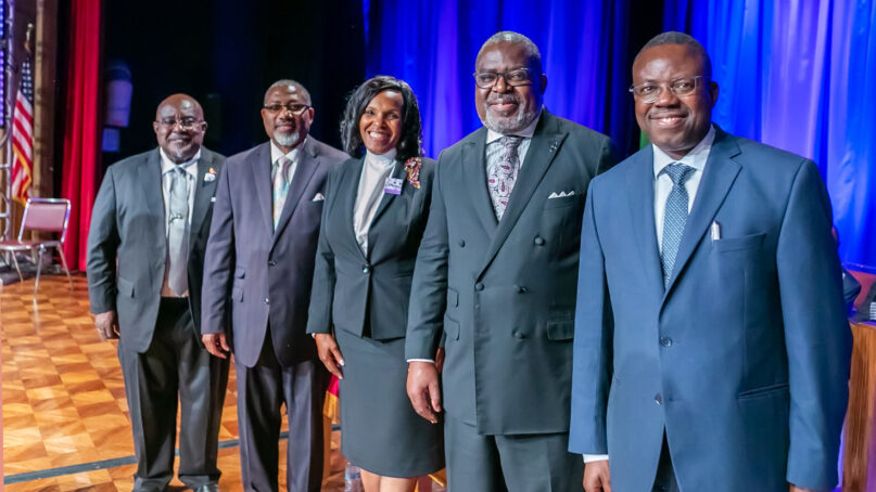 Bishop Daran Mitchell, from left, Bishop Anthony Witherspoon, Bishop Melanie Miller, Bishop Dwayne Walker and Bishop Bernardo Ngunza were elected during the 52nd General Conference of the African Methodist Episcopal Zion Church in Greensboro, N.C. (Photo © Roberick Charles for Hill Will Photography, courtesy of AME Zion Church)