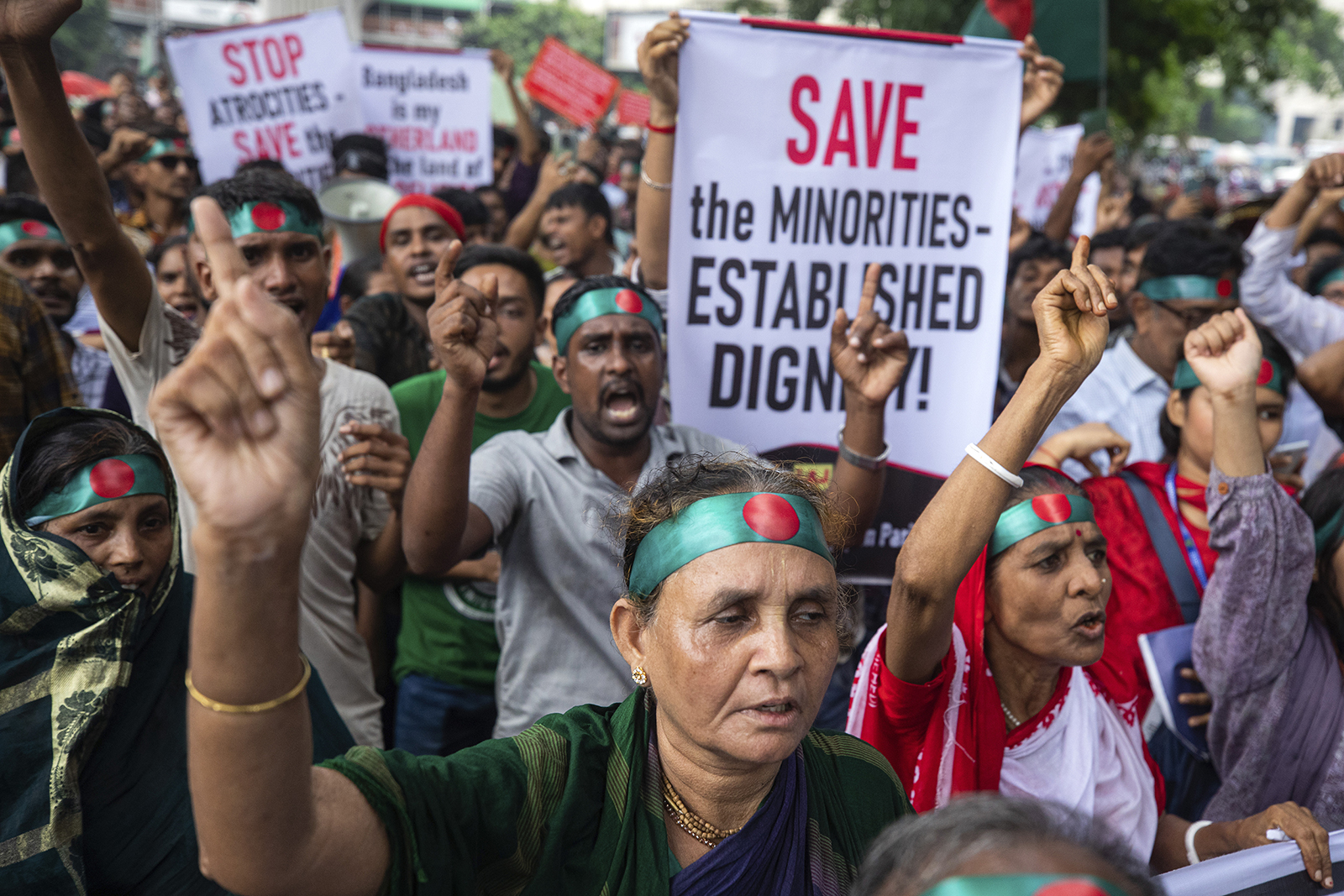 Bangladesh Hindus hold a protest rally condemning communal atrocities committed against them and other religious minority groups in the Muslim-majority country, in Dhaka, Bangladesh, Sunday, Aug. 11, 2024. (AP Photo/Rajib Dhar)