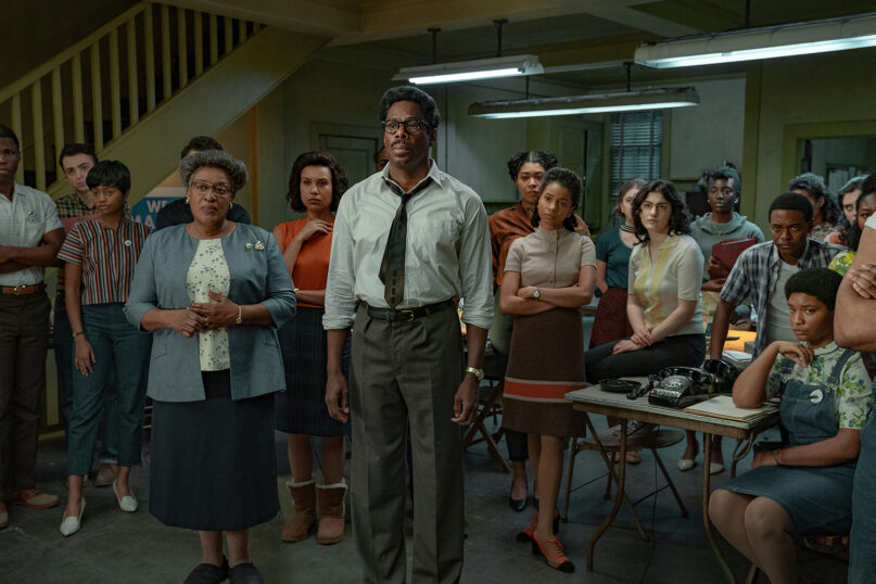 Colman Domingo, center, portrays Bayard Rustin in the new biopic “Rustin.” (Photo by David Lee/Netflix © 2022)