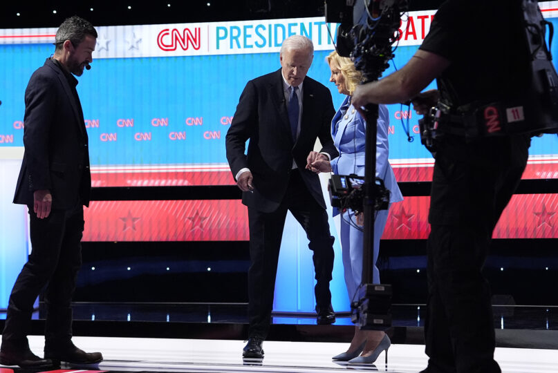 President Joe Biden, from second left, and first lady Jill Biden, walk off stage at the conclusion of a presidential debate with Republican presidential candidate former President Donald Trump hosted by CNN, Thursday, June 27, 2024, in Atlanta. (AP Photo/Gerald Herbert)