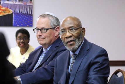 The Rev. Amos Brown, right, and Rabbi Jack Moline, of Interfaith Alliance, attend an announcement by the Progressive National Baptist Convention at the National Press Club, on Oct. 9, 2018, in Washington. (RNS photo/Adelle M. Banks)