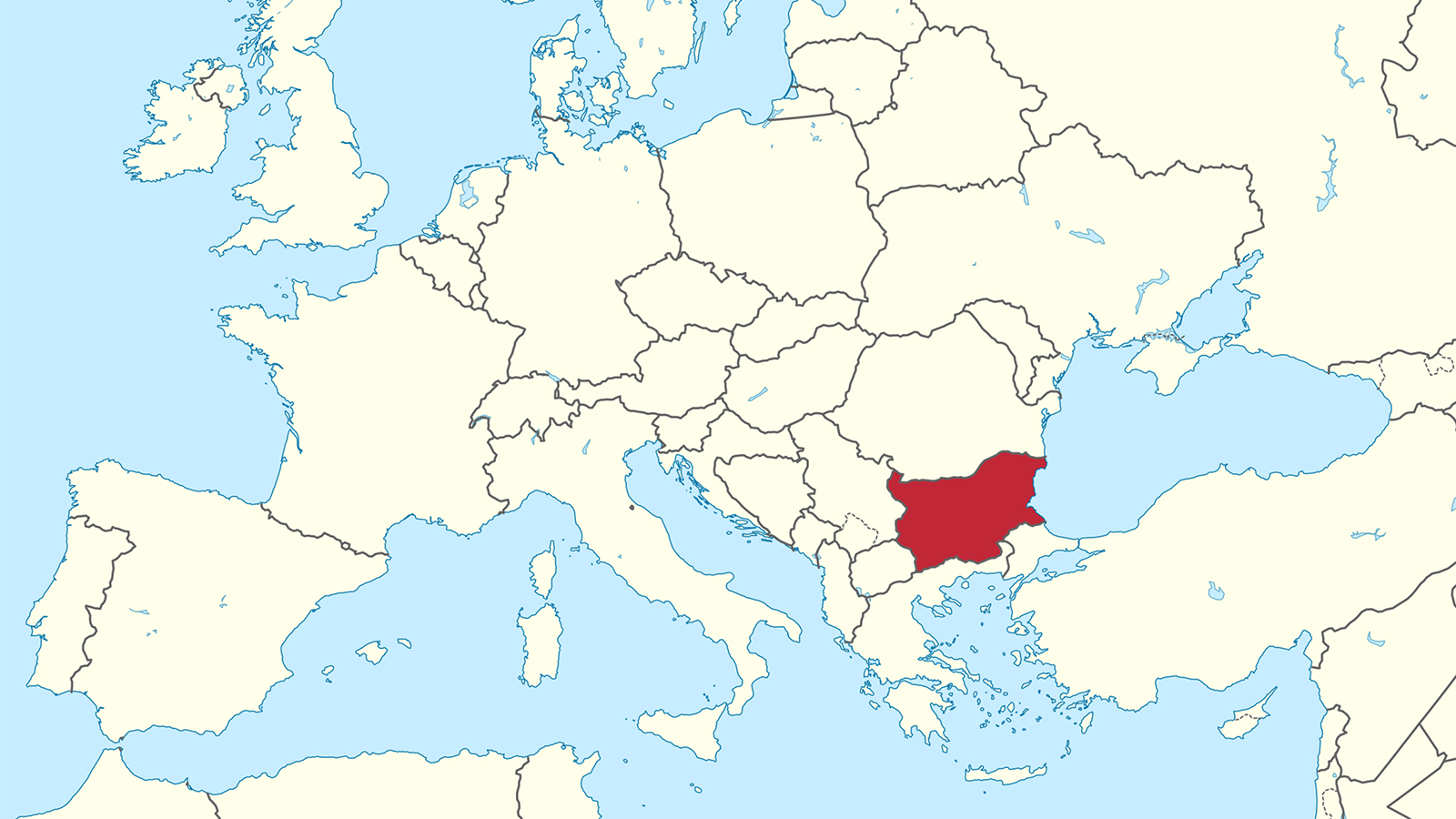 Bulgaria, red, in eastern Europe. (Image courtesy Wikimedia/Creative Commons)