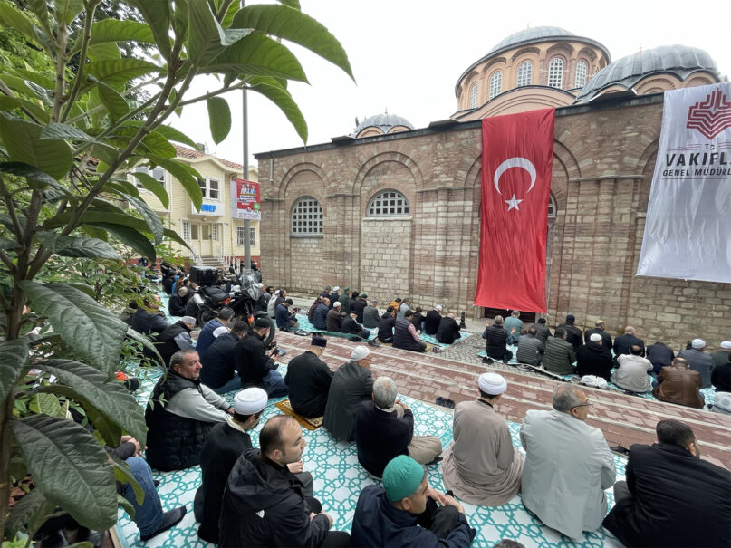 Muslims attend Friday prayers outside the newly inaugurated Kariye Mosque, formerly Chora Church, in Istanbul, Turkey, May 10, 2024. (RNS photo/David I. Klein)