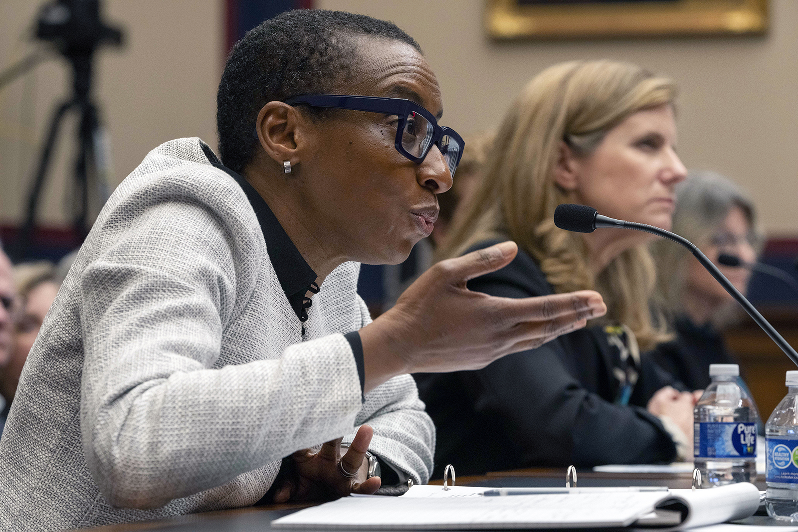 Harvard President Claudine Gay, left, speaks as University of Pennsylvania President Liz Magill listens, during a hearing of the House Committee on Education on Capitol Hill, Dec. 5, 2023, in Washington. (AP Photo/Mark Schiefelbein)