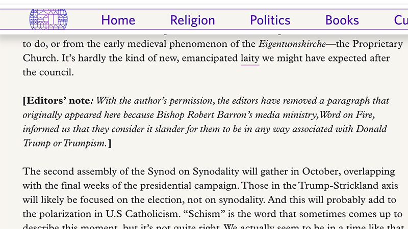 The editor's note in Massimo Faggioli's piece on the Commonweal website. (Screen grab)