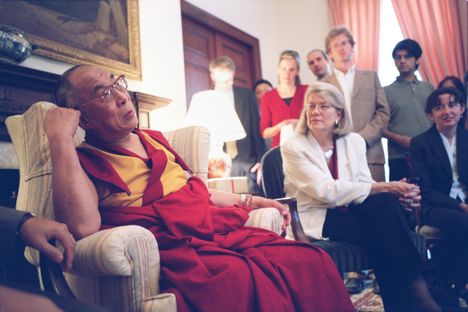 (Cambridge, MA - Monday, September 15, 2003) (from left) His Holiness the 14th Dalai Lama speaks with Diana Eck, Professor of Comparative Religion and Indian Studies, Janet Gyatso, Hershey Professor of Buddhist Studies, and others inside Loeb House at Harvard University. Staff Photo Kris Snibbe/Harvard University News Office