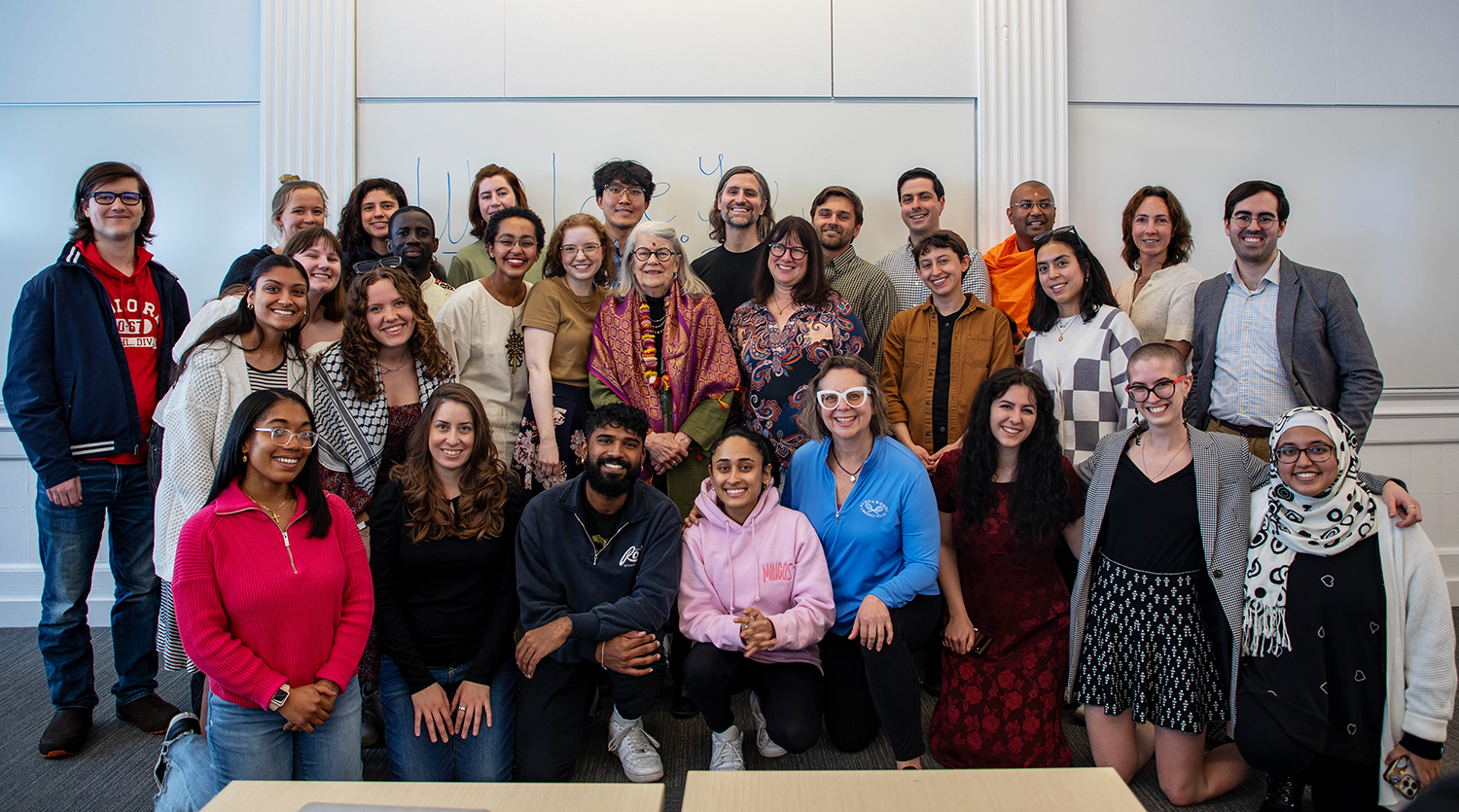 Professor Diana Eck, center, stands surrounded with students from one of her Religion classes near the end of the Spring 2024 semester. (Photo courtesy Harvard Divinity School)