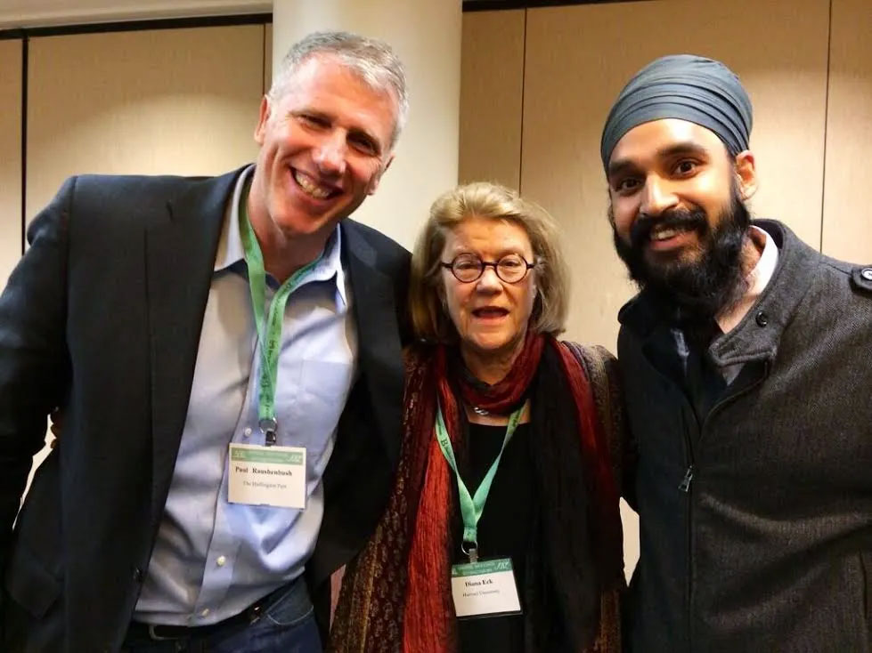 From left, Paul Rausehnbush, then editor for the Huffington Post, Professor Diana Eck and Simran Jeet Singh stand together for a portrait in roughly 2018. Photo courtesy Simran Jeet Singh