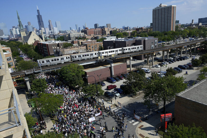 Protesters march to the Democratic National Convention after a rally at Union Park Monday, Aug. 19, 2024, in Chicago. (AP Photo/Julio Cortez)