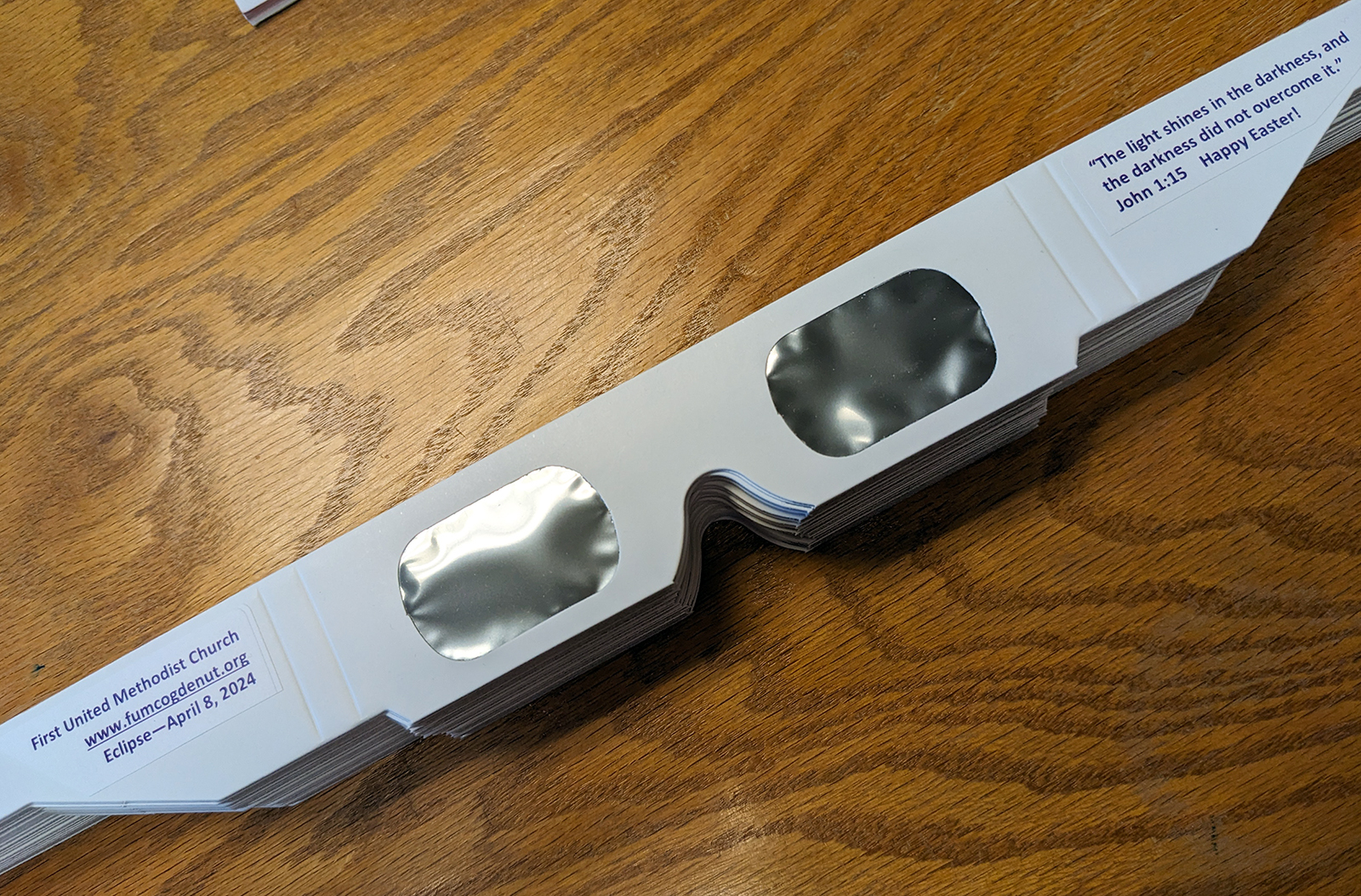 Solar eclipse glasses provided by Ogden First United Methodist Church in Marriott-Slaterville, Utah. (Photo courtesy Kim James)