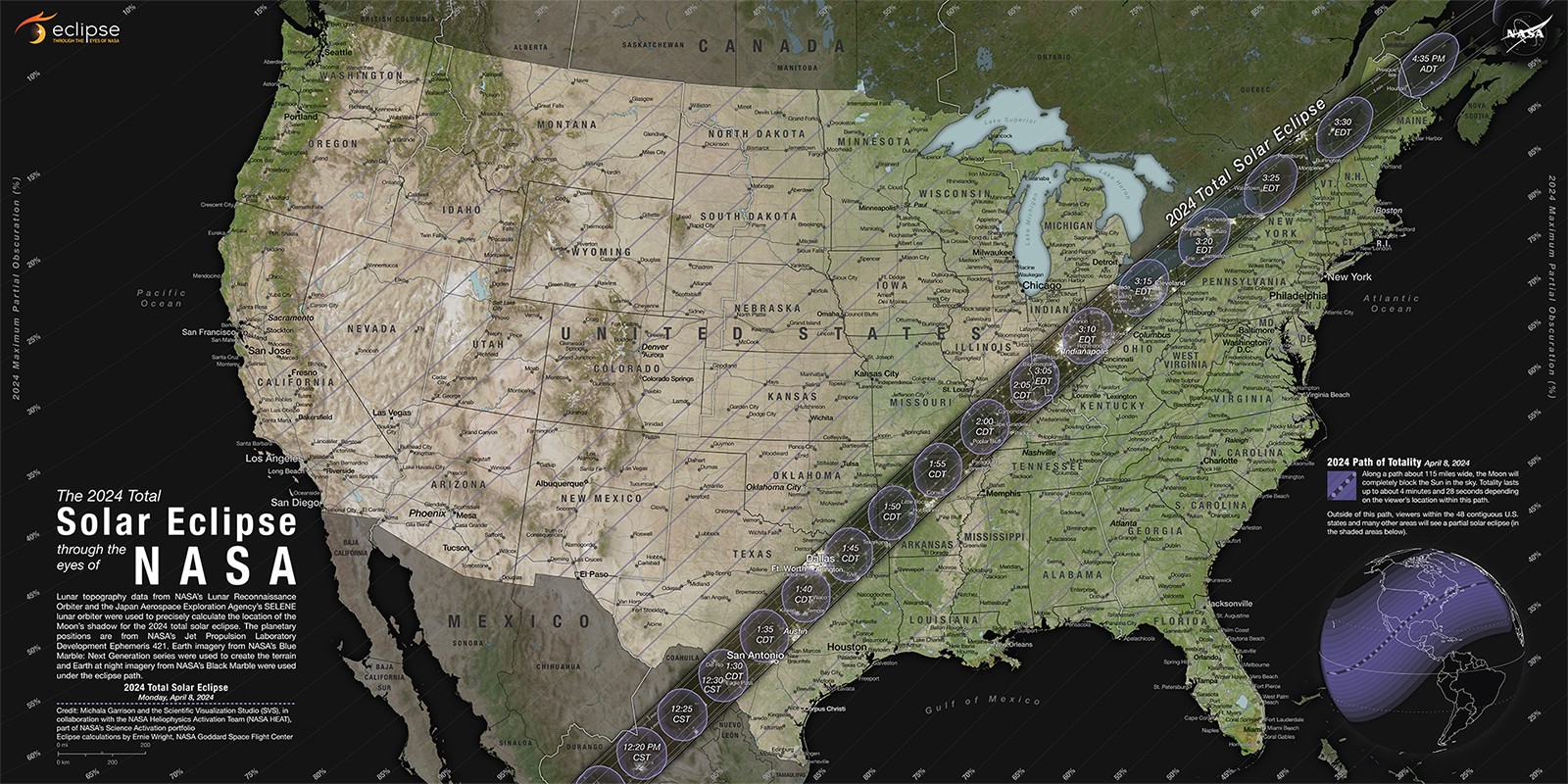 The path of totality and partial contours crossing the U.S. for the 2024 total solar eclipse occurring on April 8, 2024. (Courtesy NASA's Scientific Visualization Studio)