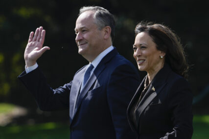 Vice President Kamala Harris and her husband Doug Emhoff on the South Lawn of the White House in Washington, Monday, Oct. 2, 2023. (AP Photo/Susan Walsh)