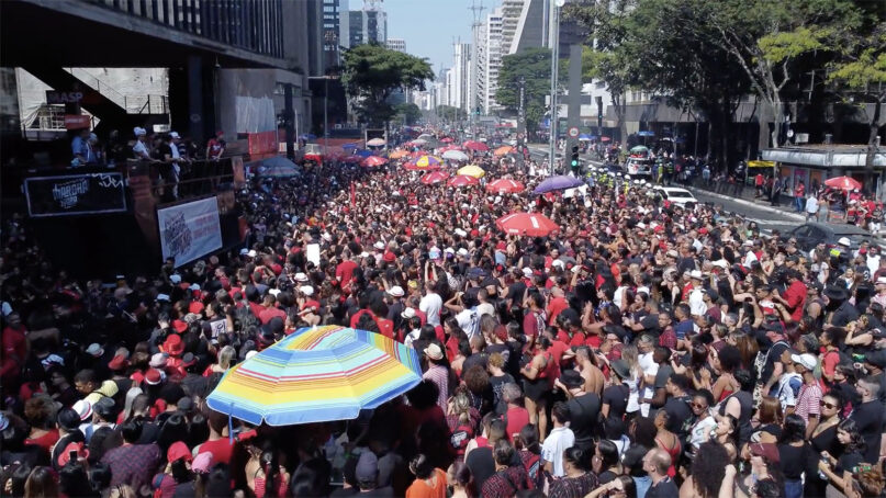 People attend the March for Eshu, Aug. 18, 2024, in São Paulo, Brazil. (Video screen grab)