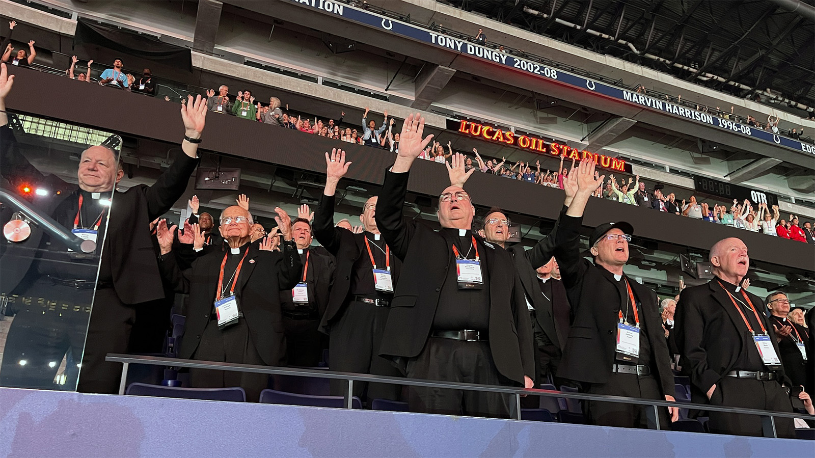 Catholic bishops sing ‘How Great Is Our God’ during the National Eucharistic Congress, Saturday, July 20, 2024, at Lucas Oil Stadium in Indianapolis, Indiana. (RNS photo/Aleja Hertzler-McCain)