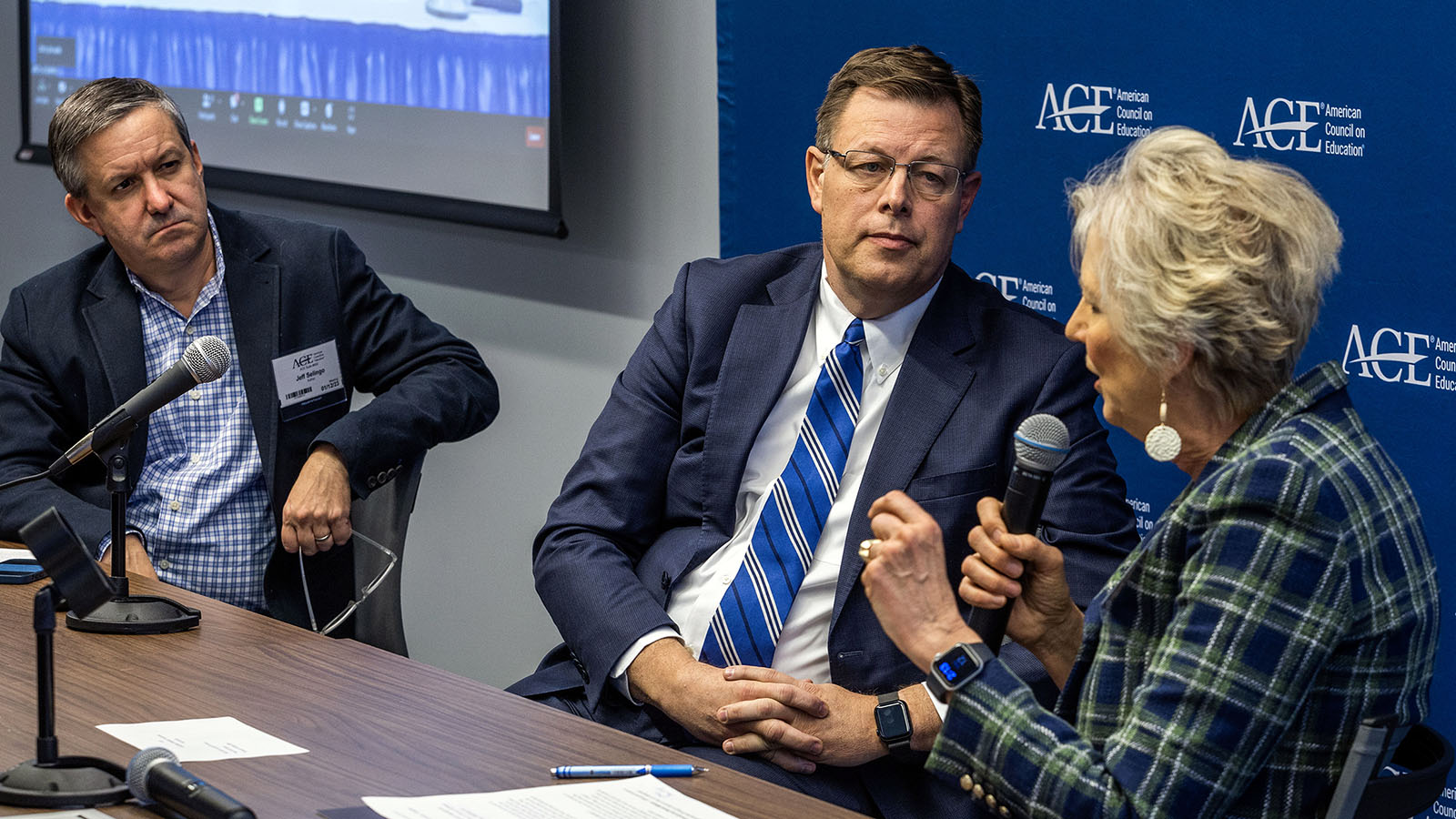 From left, author and former editor of the Chronicle of Higher Education Jeff Selingo, Elder Clark Gilbert, church commissioner of education for the Church of Jesus Christ of Latter-day Saints listen to the comments of Shirley Hoogstra, president of the Council of Christian Colleges and Universities, during a forum focusing on the fate of the religious university at the offices of The American Council on Education in Washington D.C., Thursday, January 12, 2023. (Photo by Brian Nicholson, for the Deseret News)