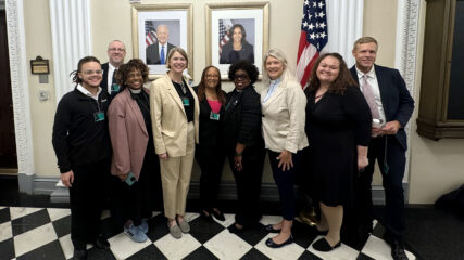 Attendees of the White House Faith Leaders Convening on Climate, Clean Energy, and Environmental Justice event pose together, Tuesday, August 13, 2024, at the White House in Washington. Taylor-Rae West, far left, an intern at Reworld Waste and AME Church member, and the Rev. Betty Holley, fourth from right, Presiding Elder of the Third District of the African Methodist Episcopal Church and professor of Environmental Ethics at Payne Theological Seminary, attended. (Photo courtesy Taylor-Rae West)