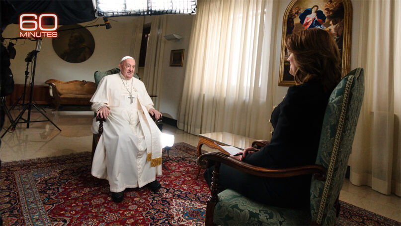 Pope Francis being interviewed by CBS’ Norah O’Donnell on “60 Minutes.” (Photo by Adam Verdugo/CBS News/60 Minutes)