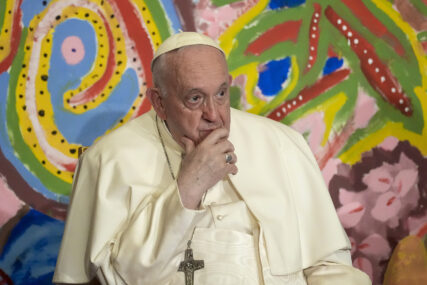 Pope Francis attends the world’s first meeting of the Educational Eco-Cities promoted by the Scholas Occurrentes, at the Vatican, May 25, 2023. (AP Photo/Andrew Medichini)