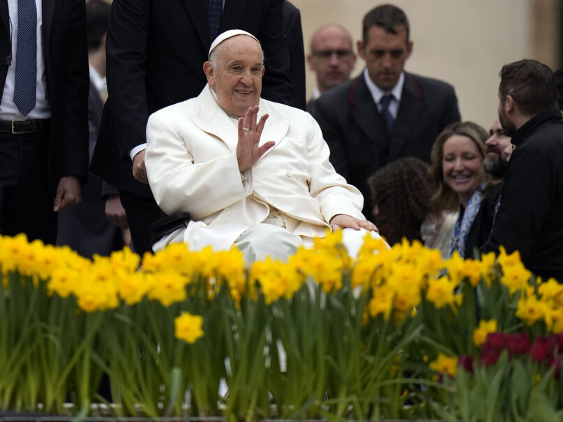 Pope Francis smiles at the end of his weekly general audience in St. Peter’s Square, at the Vatican, April 3, 2024. (AP Photo/Alessandra Tarantino)