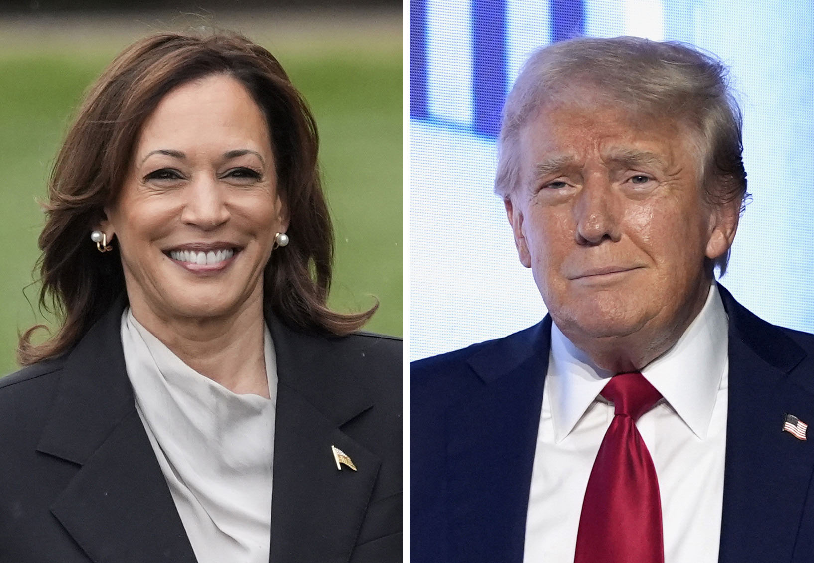 This combination photo shows Vice President Kamala Harris, left, at the White House in Washington, July 22, 2024, and Republican presidential candidate former President Donald Trump at an event July 26, 2024, in West Palm Beach, Fla. (AP Photos)