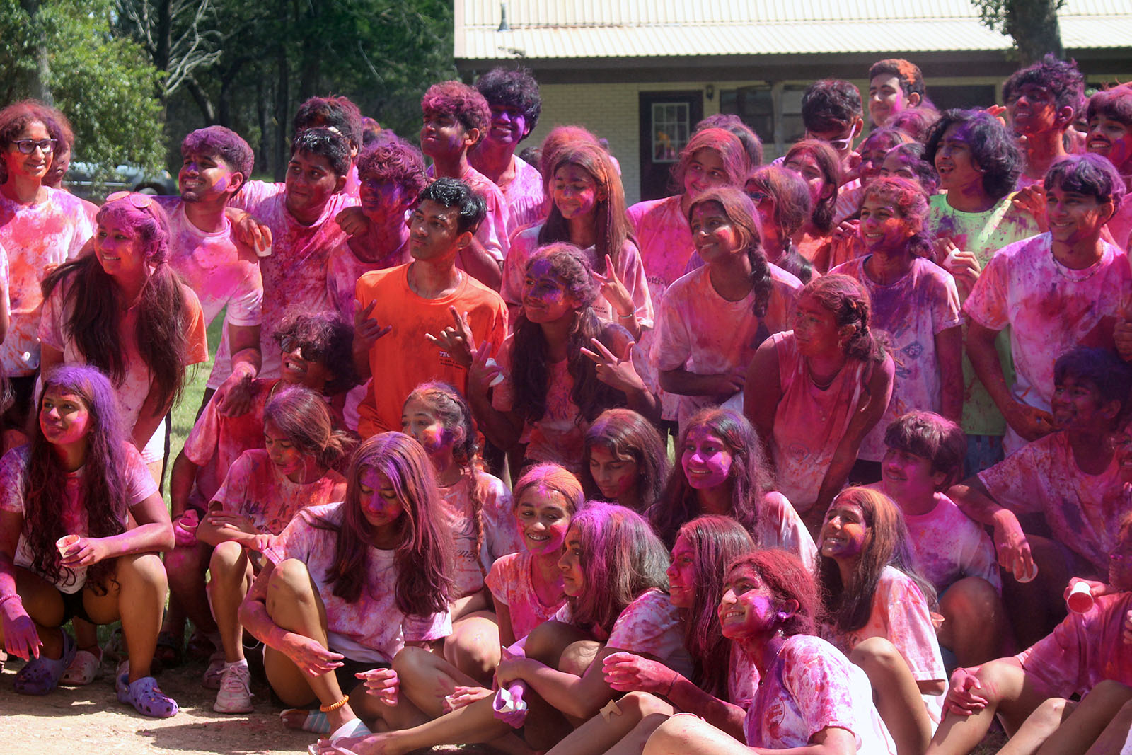 Hindu Heritage Youth Campers pose for photos during Holi Day festivities at the Texas Hindu Campsite in Houston. (Photo courtesy Hindu Heritage Youth Camp)