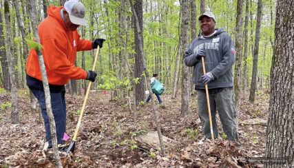 Volunteer clean-up day in April 2022 organized by the Hamilton Hood Foundation at Pierce Chapel African Cemetery in Midland, Georgia. (Photo courtesy Hamilton Hood Foundation)