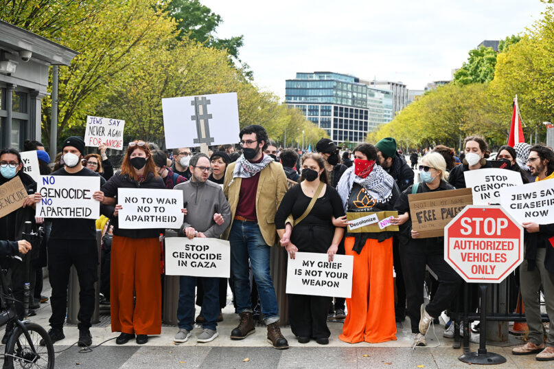 Demonstrators calling for peace in Israel and the Gaza Strip gathered Oct. 16, 2023, in front of the White House. The group was primarily organized by the groups If Not Now and Jewish Voice for Peace. RNS photo by Jack Jenkins