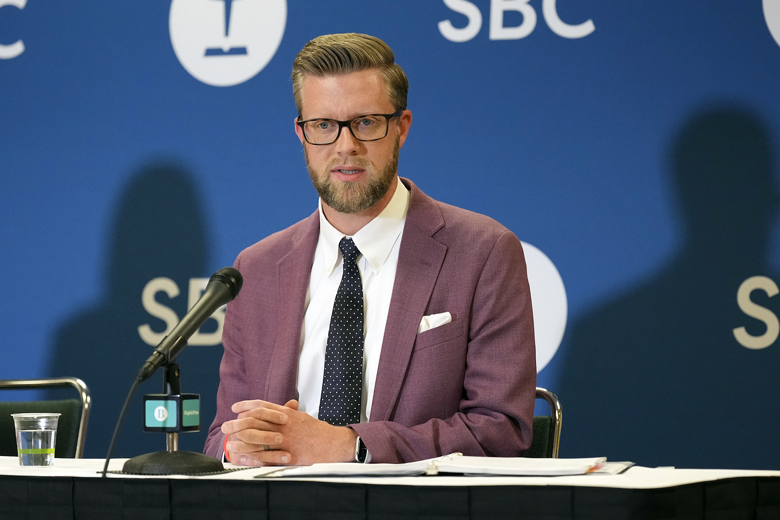 Jason Thacker speaks to the media at the Southern Baptist Convention annual meeting at the Indiana Convention Center in Indianapolis, Wednesday, June 12, 2024. (RNS Photo/AJ Mast)