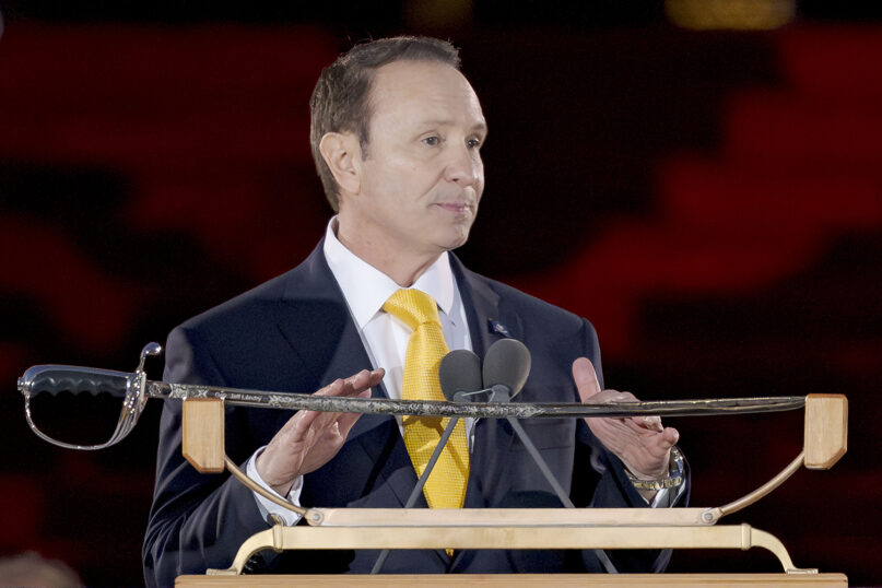 Louisiana Republican Gov. Jeff Landry speaks during his inauguration ceremony at the State Capitol building in Baton Rouge, La., Sunday, Jan. 7, 2024. (AP Photo/Matthew Hinton)