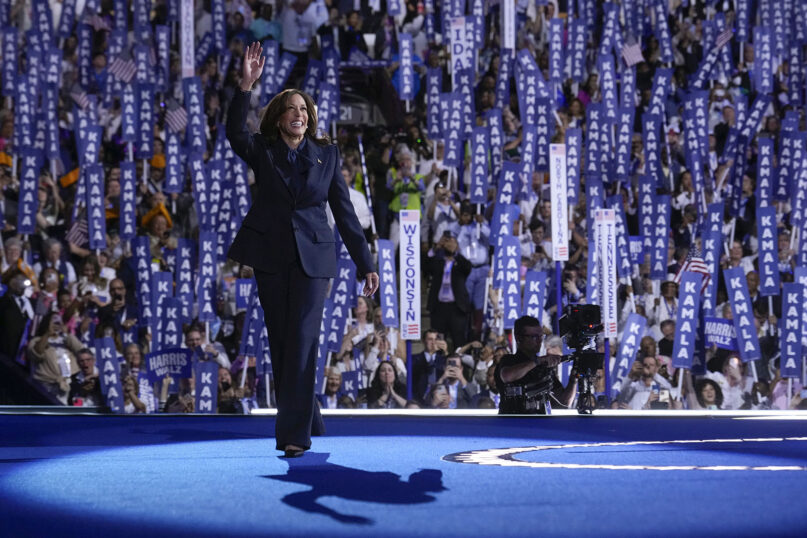 Democratic presidential nominee Vice President Kamala Harris arrives to speak on the final day of the Democratic National Convention, Thursday, Aug. 22, 2024, in Chicago. (AP Photo/Jacquelyn Martin)