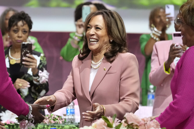 Vice President Kamala Harris speaks at the Alpha Kappa Alpha Sorority Inc. annual convention during the 71st biennial Boule at the Kay Bailey Hutchison Convention Center in Dallas, July 10, 2024. (AP Photo/LM Otero, File)