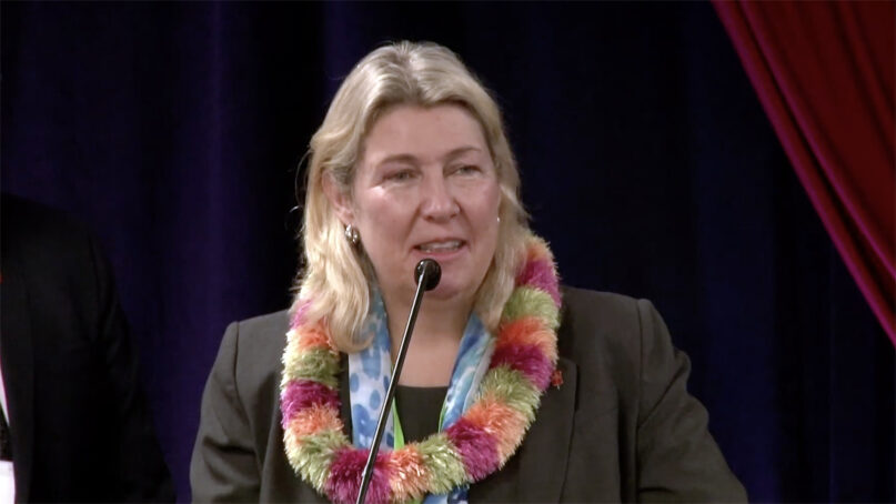 The Rev. Kristin Stoneking speaks after being elected bishop of the United Methodist Church’s Western Jurisdiction on July 12, 2024, in Spokane, Washington. (Video screen grab)