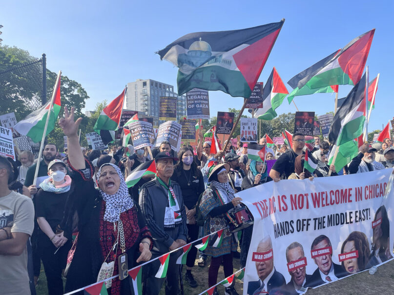 Protesters rally at a pro-Palestinian demonstration in Union Park during the Democratic National Convention, Wednesday, Aug. 21, 2024, in Chicago. (RNS photo/Reina Coulibaly)