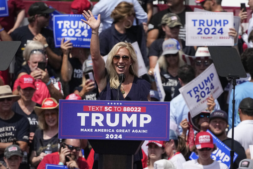 Rep. Marjorie Taylor Greene, R-Ga., speaks to supporters ahead of a campaign rally by former President Donald Trump, Saturday, July 1, 2023, in Pickens, S.C. (AP Photo/Chris Carlson)