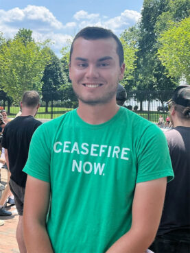 Aidan Yoder, an organizer of "All God’s Children March for a Ceasefire," at the White House, Sunday, July 28, 2024, in Washington. (RNS photo/Aleja Hertzler-McCain)