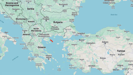 The peninsula of Mount Athos, red, in Greece. (Image courtesy Google Maps)