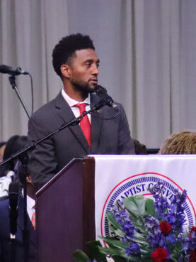 Baltimore Mayor Brandon Scott addresses the National Baptist Convention, USA, Inc. annual meeting, Tuesday, Sept. 3, 2024, at the Baltimore Convention Center. (RNS photo/Adelle M. Banks)