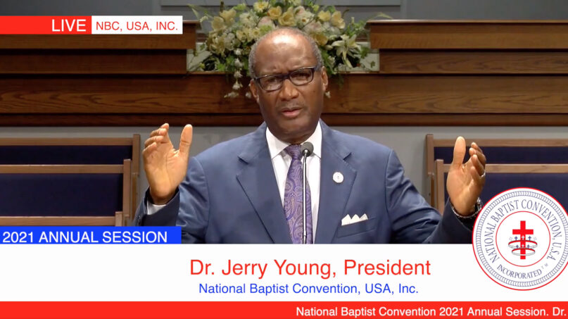 The Rev. Jerry Young addresses the annual session of the National Baptist Convention, USA, Tuesday, Sept. 28, 2021. Video screengrab